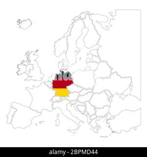 Silhouette tedesca dettagliata con bandiera nazionale sulla mappa di contorno europa su bianco Illustrazione Vettoriale