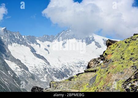 Il ghiacciaio di Aletsch è il più grande ghiacciaio nella parte orientale delle Alpi bernesi nel cantone svizzero del Vallese. Foto Stock