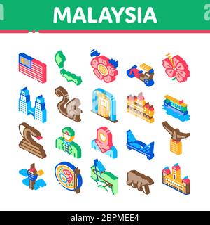 Malaysia National Isometric Icons Set Vector Illustrazione Vettoriale