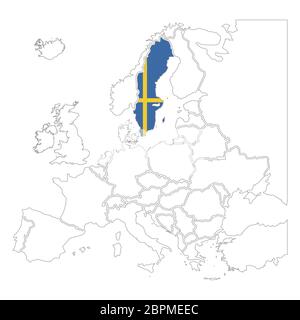 Silhouette svedese dettagliata con bandiera nazionale sulla mappa di contorno europa su bianco Illustrazione Vettoriale