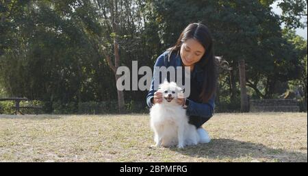 Donna che gioca con il suo cane al parco all'aperto Foto Stock