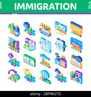 Vettore impostato icone isometriche rifugiati immigrazione Illustrazione Vettoriale