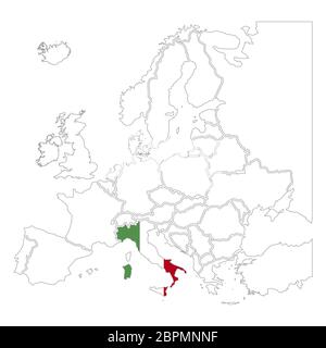 Silhouette italiana dettagliata con bandiera nazionale sulla mappa di contorno europa su bianco Illustrazione Vettoriale