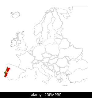 Silhouette portoghese dettagliata con bandiera nazionale sulla mappa dell'europa di contorno su bianco Illustrazione Vettoriale