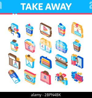 Take away Food and drink Delivery Isometrica Icons Set Vector Illustrazione Vettoriale