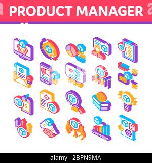 Icone isometriche di lavoro di Product Manager Imposta vettore Illustrazione Vettoriale