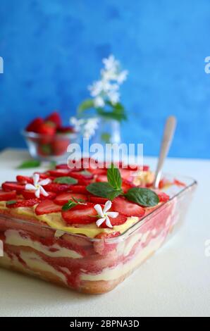 Tiramisù. Dessert italiano tradizionale con fragola e mascarpone. Primo piano. Spazio di copia. Foto Stock