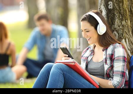 Unico di apprendimento dello studente ascolta on line tutorial seduto sull'erba in un parco con persone non focalizzato in background Foto Stock