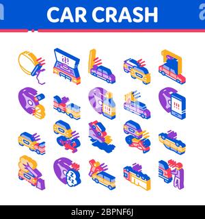 Auto Crash incidente icone isometriche Set Vector Illustrazione Vettoriale