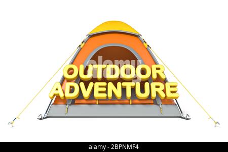 Tenda arancione con testo OUTDOOR ADVENTURE in 3D rendering 3D illustrazione isolati su sfondo bianco Foto Stock