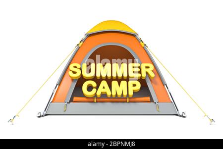 Tenda arancione con testo Summer Camp 3D rendering immagine isolata su sfondo bianco Foto Stock