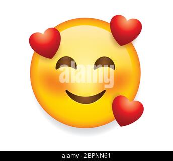Emoticon di alta qualità su sfondo bianco. Emoji arrossendo innamorati di cuori rossi. Un emotji giallo faccia innamorato di chiuso eyes.popular elementi chat. Illustrazione Vettoriale