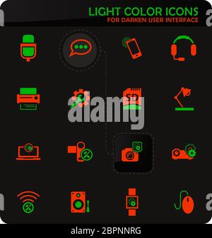 Riparazione di elettronica facile colore icone vettoriali su scurire lo sfondo per la progettazione di interfacce utente Foto Stock