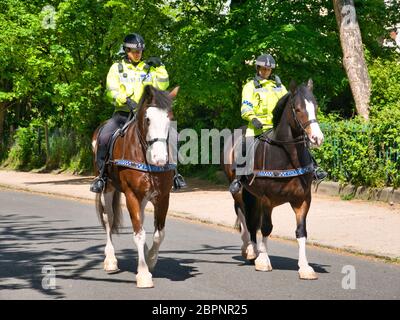 Due ufficiali di polizia montati in alta visibilità pattuglia di abbigliamento Birkenhead Park a cavallo in una giornata di sole con verde fogliame sullo sfondo. Foto Stock