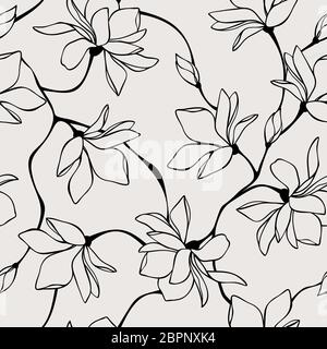 Motivo floreale vettoriale senza cuciture con fiori magnolia. Illustrazione della linea. Illustrazione Vettoriale