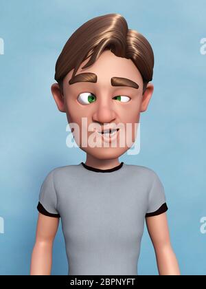 3D rendering di un cartoon papà o uomo che fa una buffa faccia smorfie e. Sfondo blu. Foto Stock