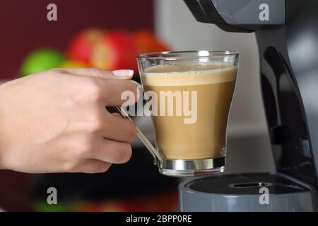 In prossimità di una donna mano che regge una tazza in una macchina per il caffè in cucina a casa Foto Stock