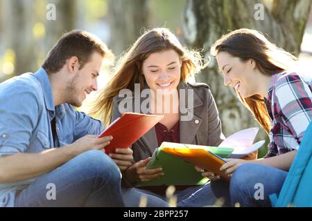 Tre studenti di apprendimento note di lettura insieme seduta sul prato di un parco Foto Stock
