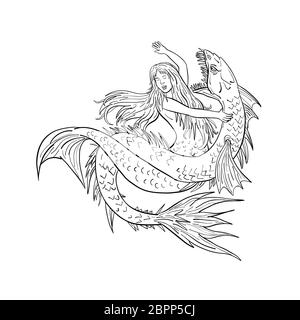 Disegno stile di disegno illustrativo di una sirena o sirena combattimenti o alle prese con un serpente marino o mostro isolato su sfondo bianco in nero a Foto Stock