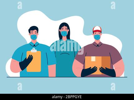 gruppo di lavoratori che utilizzano maschere mediche per la pandemia di covid 19 Illustrazione Vettoriale
