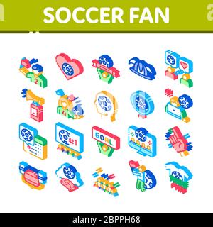 Attributi del ventilatore di calcio icone isometriche Imposta vettore Illustrazione Vettoriale