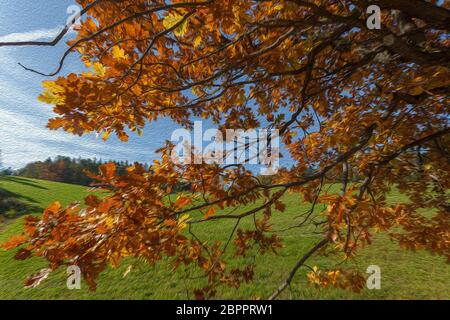 Effetto dipinto ad olio di rami di quercia autunnali colorati in autunno Foto Stock