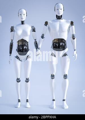 3D rendering di un maschio e una femmina di robot in piedi accanto a ciascun altro e tenendo le mani. Futuristico concetto d'amore. Foto Stock