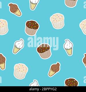 Cupcake e gelato. Sfondo senza interruzioni. Modello vettoriale senza giunture. Illustrazione Vettoriale