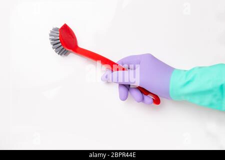 Sfondo di pulizia della molla. La mano umana con un guanto domestico viola e verde tiene una spazzola rossa per il lavaggio isolata su uno sfondo bianco. Hous Foto Stock