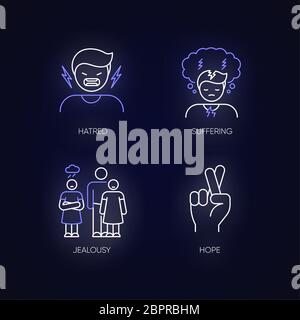 Problema psicologico, insieme di icone di luce al neon Illustrazione Vettoriale