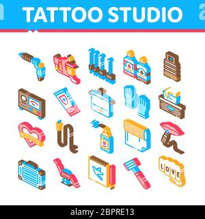 Strumento Tattoo Studio icone isometriche Imposta vettore Illustrazione Vettoriale