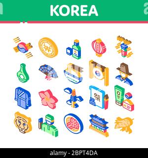 Corea icone isometriche tradizionali Imposta vettore Illustrazione Vettoriale