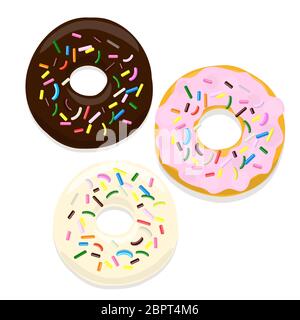 Illustrazione vettoriale delle ciambelle al cioccolato e glassa rosa su un bianco Illustrazione Vettoriale