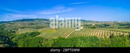 Il verde della campagna toscana con vigneti, uliveti, boschi, fattorie e città sotto il cielo blu Foto Stock