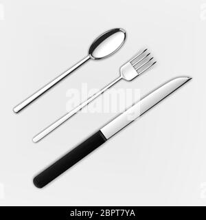 Il 3D rendering di set di forchetta, cucchiaio e un coltello isolato su bianco Foto Stock