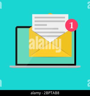 Nuovo messaggio di posta elettronica sullo schermo del computer portatile il concetto di notifica. Illustrazione Vettoriale Illustrazione Vettoriale
