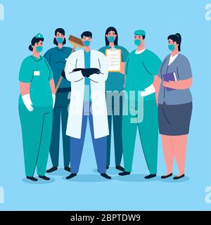 gruppo di lavoratori che utilizzano maschere mediche per la pandemia di covid 19 Illustrazione Vettoriale