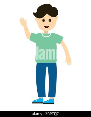 Un giovane vestito di abiti alla moda sorride e gli ondeggia la mano. Carino personaggi cartoni animati isolati su sfondo bianco. Illustri piatti colorati Illustrazione Vettoriale