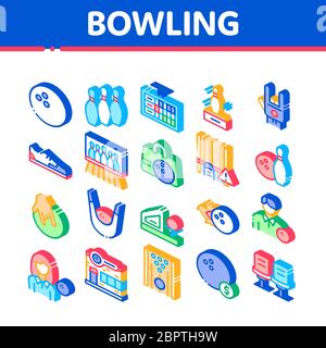 Giochi di bowling Strumenti icone isometriche Imposta vettore Illustrazione Vettoriale