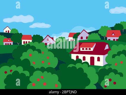 Estate rurale verde valle paesaggio piatto colore vettore. Paese terreno panoramico poster. Case in frutteto alberi cartoni animati paese fruttato giardino Illustrazione Vettoriale