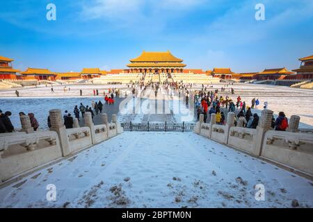 Pechino, Cina - 9 2020 gennaio: Taihedian (Sala della Suprema armonia) originariamente costruito nel 1406, è la sala più grande della Città Proibita, situata presso la sua Foto Stock