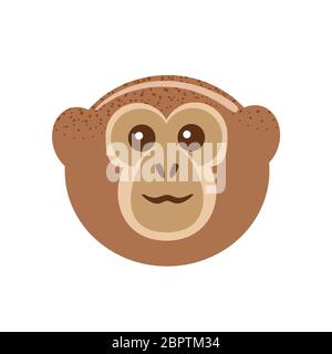 Faccia scimmia in stile piatto su sfondo bianco. Illustrazione della testa del cartone animale. Icona vettore isolato ape. Maschera per la festa dello zoo. Clip art semplice per bambini, vista frontale. Illustrazione Vettoriale
