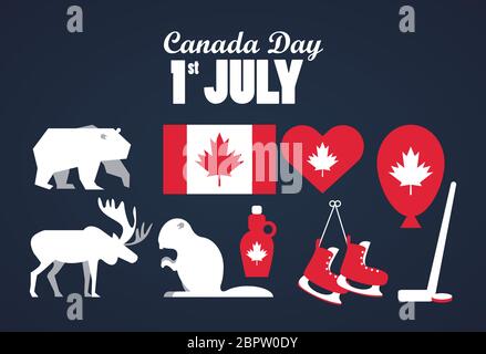 primo luglio manifesto per la celebrazione del giorno del canada con bandiere e icone di set Illustrazione Vettoriale