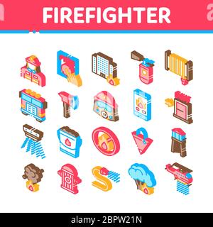 Strumento di pompiere icone isometriche Imposta vettore Illustrazione Vettoriale