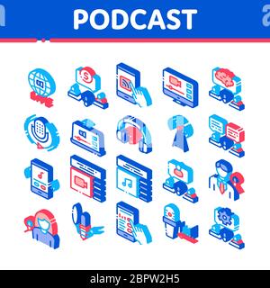 Icone isometriche podcast e radio Imposta vettore Illustrazione Vettoriale