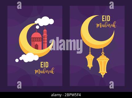 eid mubarak carta per la celebrazione con lanterne appese sulla luna Illustrazione Vettoriale