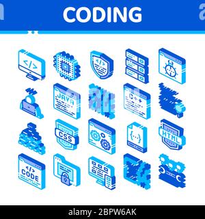 Set di icone isometriche vettoriali del sistema di codifica Illustrazione Vettoriale