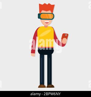 giovane uomo che indossa occhiali per realtà virtuale per illustratore vettoriale di concetto tecnologico Illustrazione Vettoriale