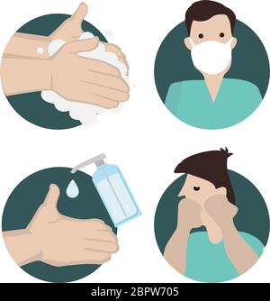 Covid-19 Coronovirus protezione dei suggerimenti per l'avviso. Insieme di infografiche di prevenzione. Illustrazione vettoriale isolata con caratteri cartoni animati piatti. Illustrazione Vettoriale