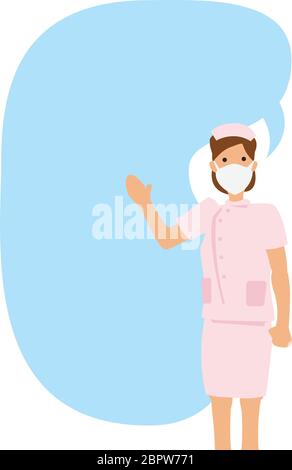 Aprire braccio giovane infermiera con gigantesca bolla del parlato su sfondo bianco isolato. Illustrazione vettoriale a caratteri cartoni animati piatti. Illustrazione Vettoriale